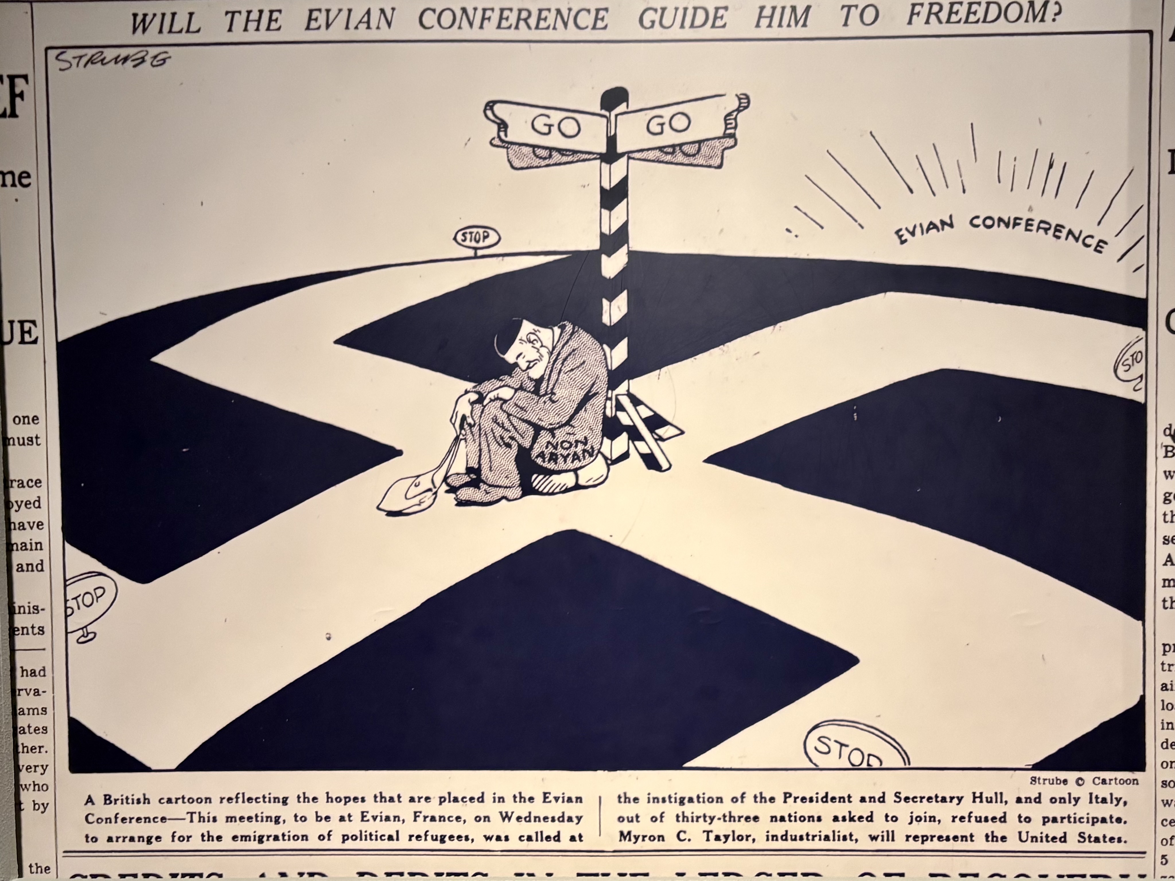 Newspaper drawing of a man kneeling on a giant, white swastika that is placed over a black floor. The man is resting his back on a pole that says, "Go" in four directions that follow the four lines of the swastika. The man was, "non-Aryan" written on his clothing. 