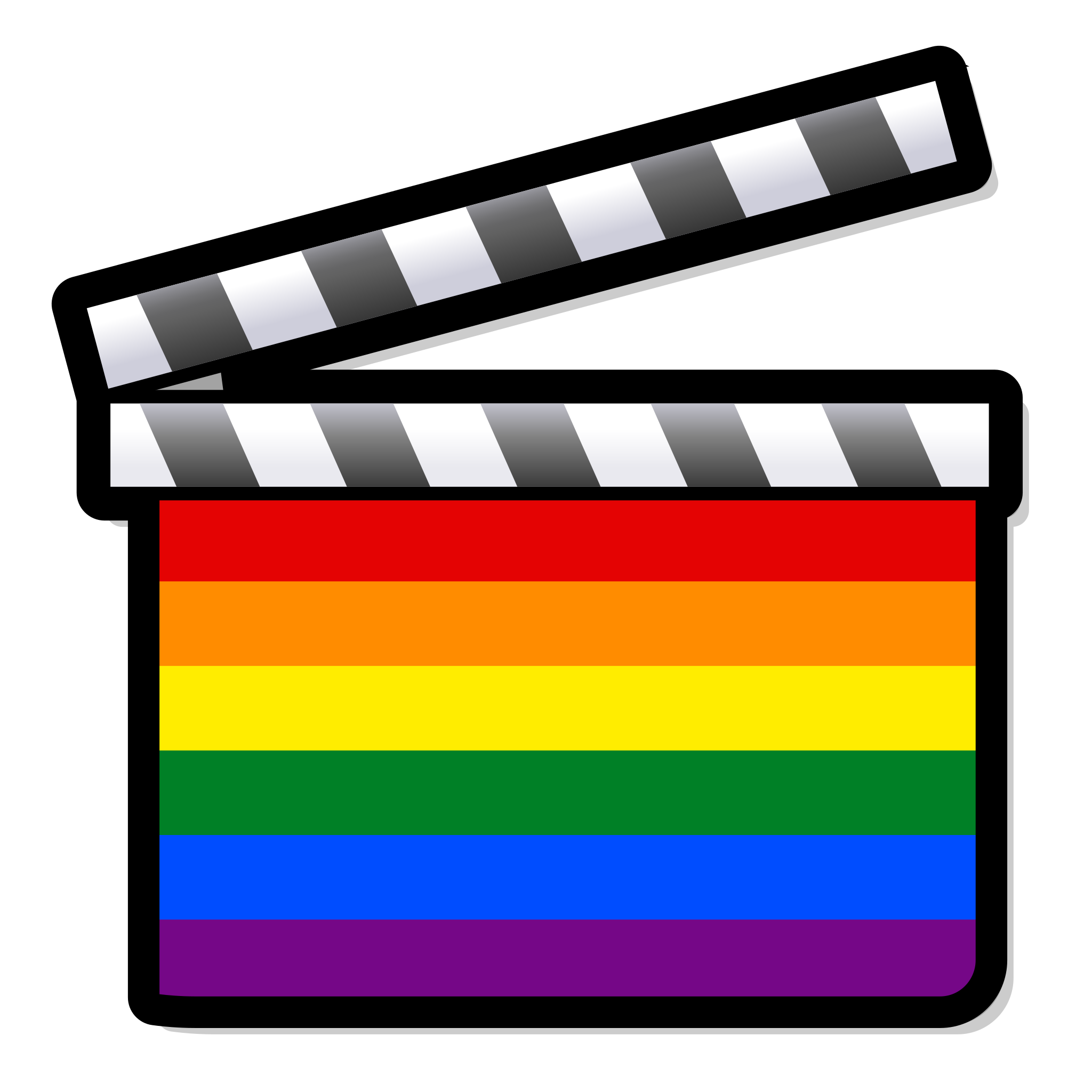 Film clapper board that is designed with the rainbow pride flag.